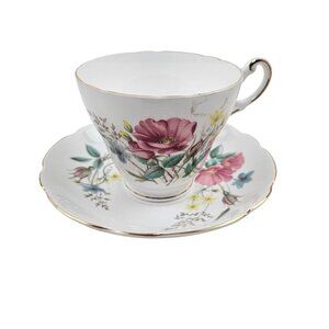 Regency Tea Cup Saucer Set English Bone China Floral Wildflower Gold Trim Vintag
